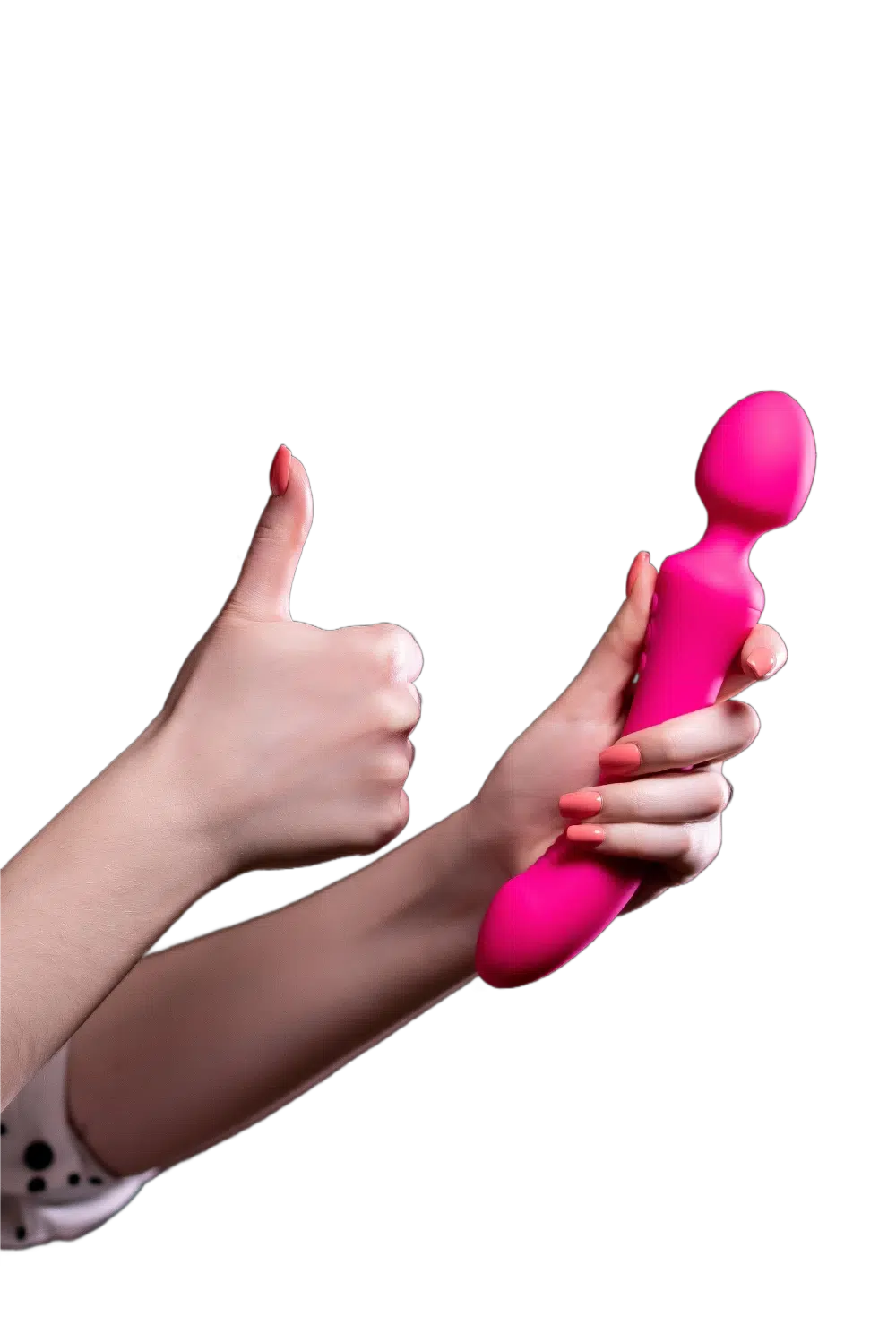 Pink wand vibrator held in hand with thumbs-up, white background