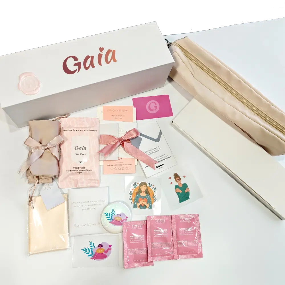 Gaia discreet packaging kit with branded box, pouch, inserts, wipes, and lubricant samples for private shipping and customer trust