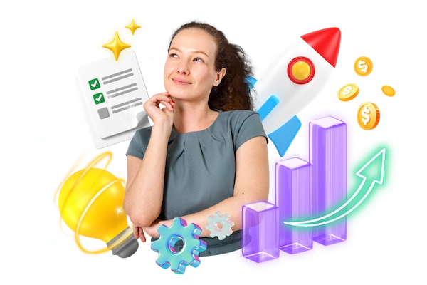 Woman thinking with business growth icons, checklist, rocket, and rising chart representing planning a niche and product scope