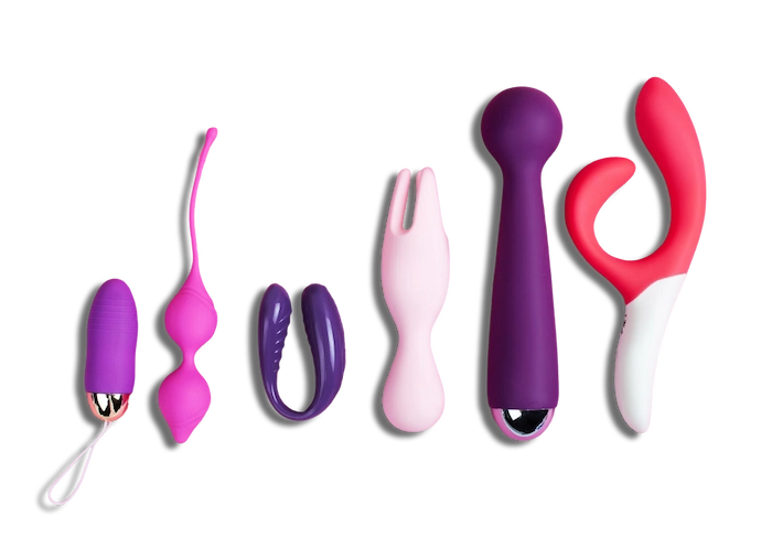 Assorted sex toys in different shapes and colors lined up, representing sample validation before scaling an adult toy business