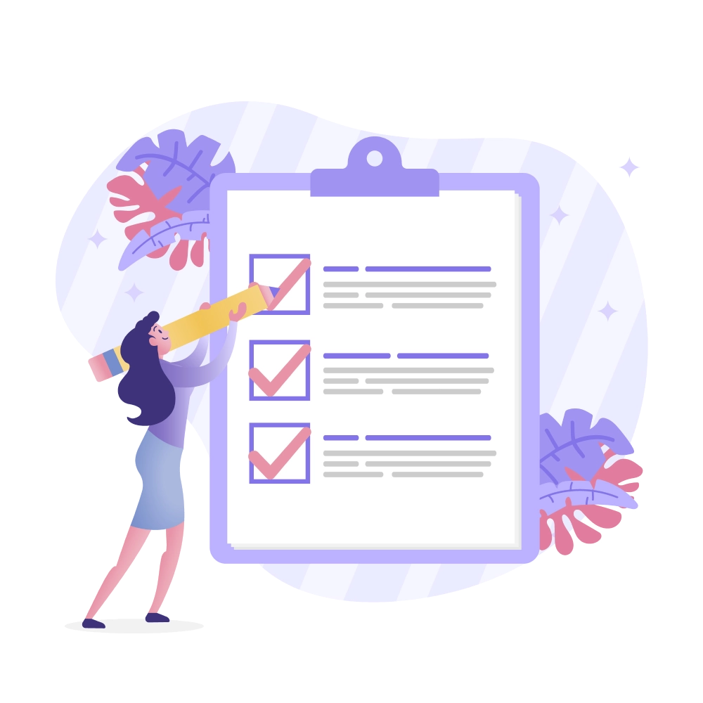 Illustration of a woman marking a checklist on a clipboard, representing a quick start checklist for an online sex toy business
