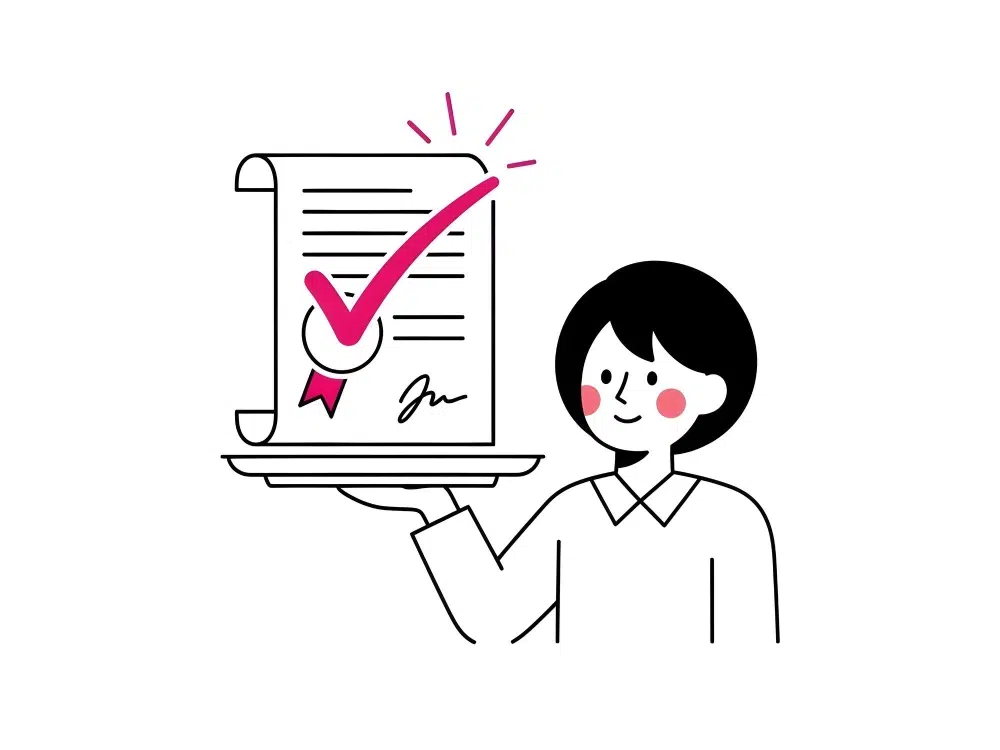 Illustration of a person holding a compliance certificate with a check mark, representing product safety and trust.