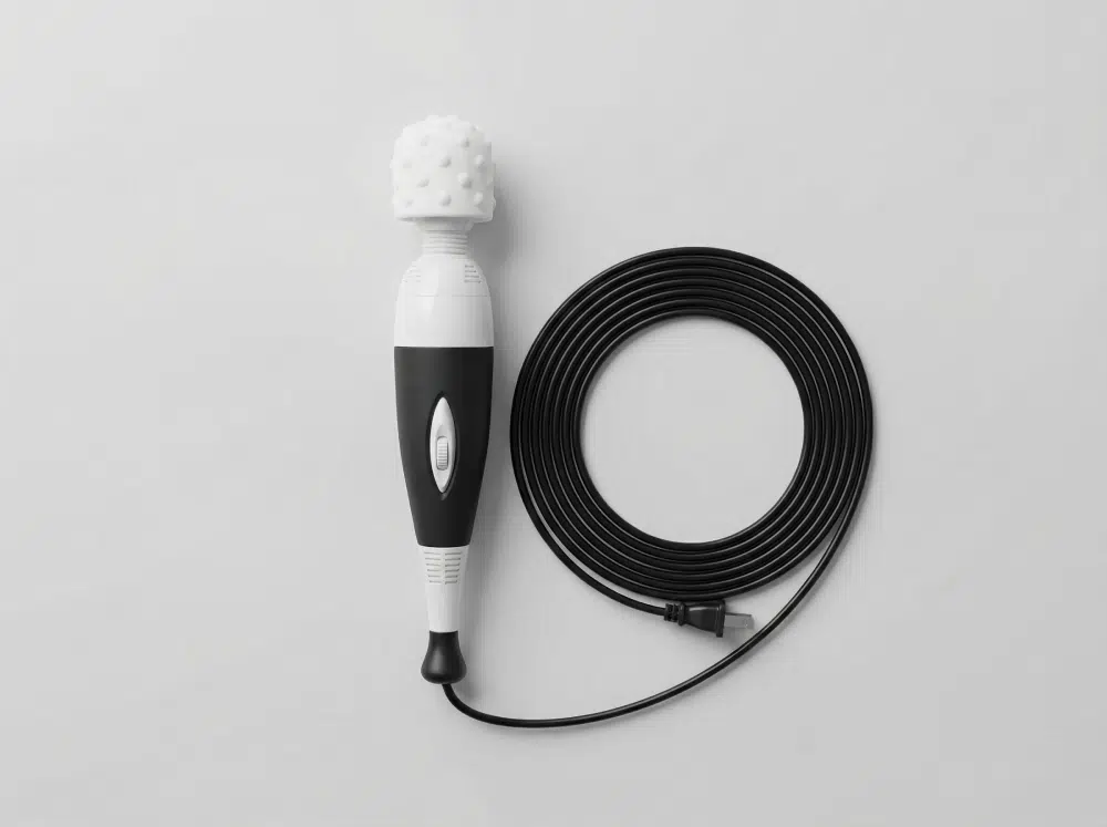 Plug-in wand massager with a long power cord on a light gray background.