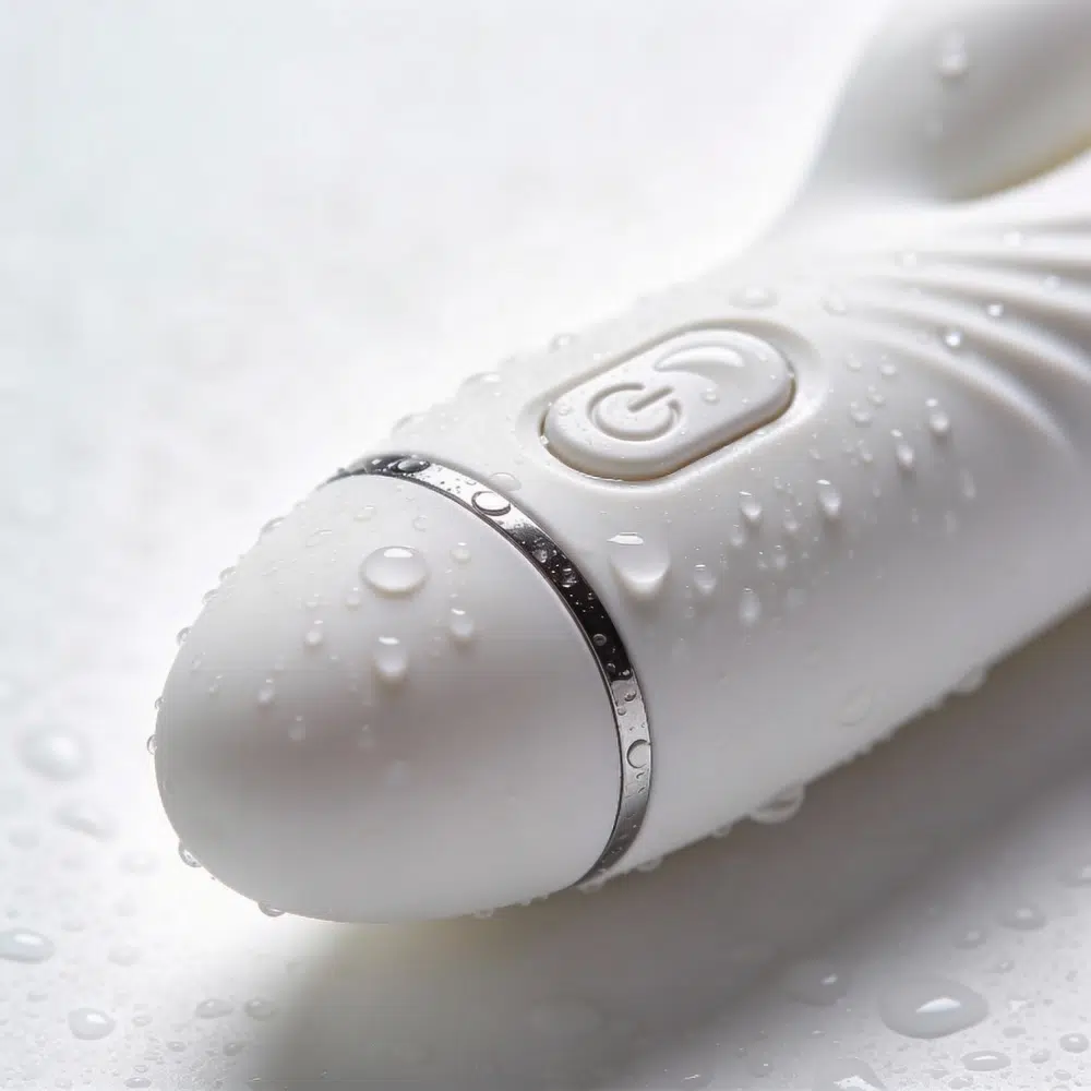 Close-up of a white waterproof vibrator with water droplets on the surface, highlighting the sealed button and smooth finish.