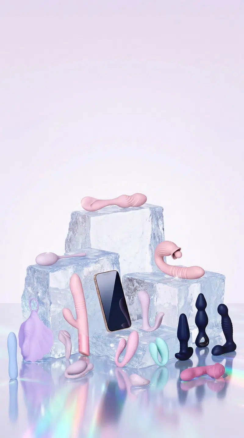 Assorted sex toys displayed on ice blocks with iridescent reflections, representing Gaia’s women-led sexual wellness product lineup.