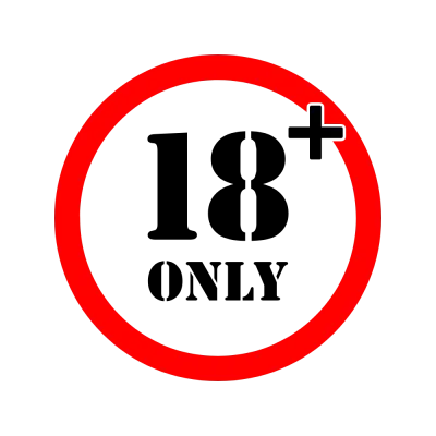 Red 18+ age verification icon on a black background