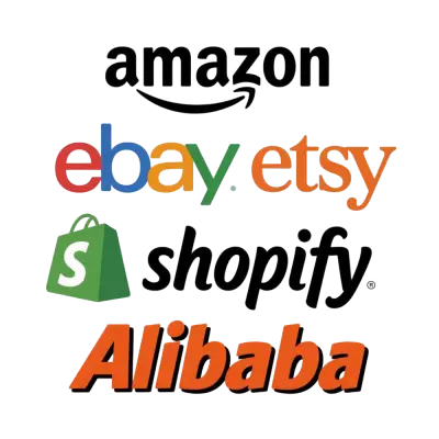 Marketplace logos including Amazon, eBay, Etsy, Shopify, and Alibaba, representing online sales channels for adult products