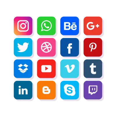 Social media app icons including Instagram, WhatsApp, Facebook, YouTube, Pinterest, and LinkedIn, representing social media marketing channels